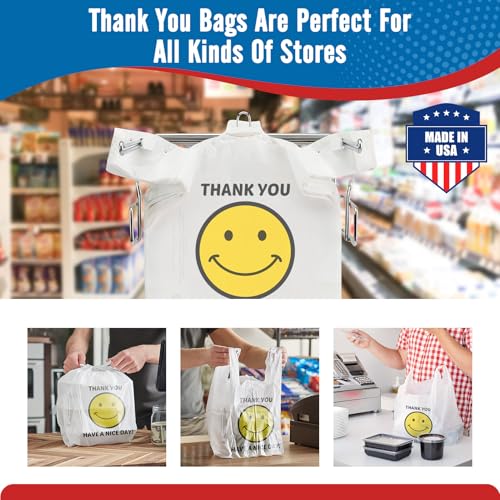 Fuxury 1000 Count Happy Smiling Face Thank You Plastic Bags (12" x 6.5" x 21") White, Have a Nice Day Bags for T-shirt, Grocery, Take Out, To Go, Retail Shopping in Bulk (Made in USA) - Image 5