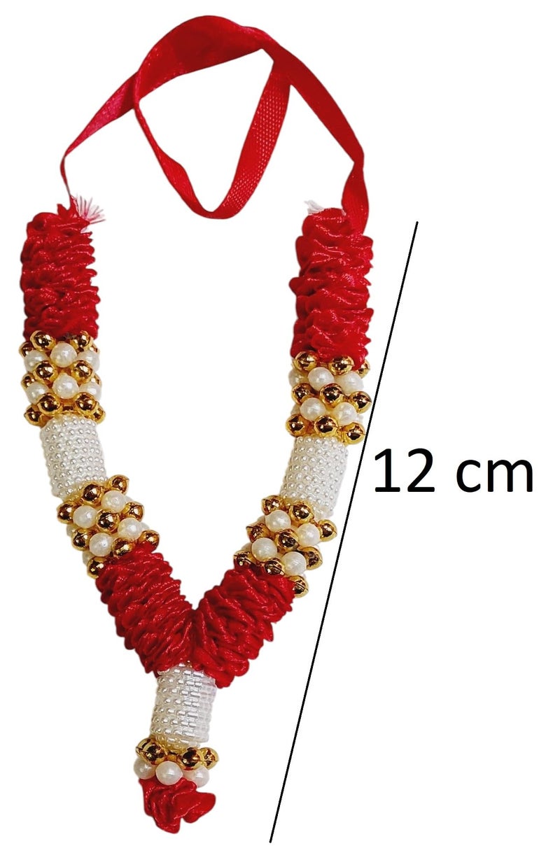 ARTISKRITI Small Ribbon Mala for God Idols and Statues, Pooja Haar for Idols Murti Mala for Car Dashboard Figurine, 12 cm, Set of 4, Red White - Image 2
