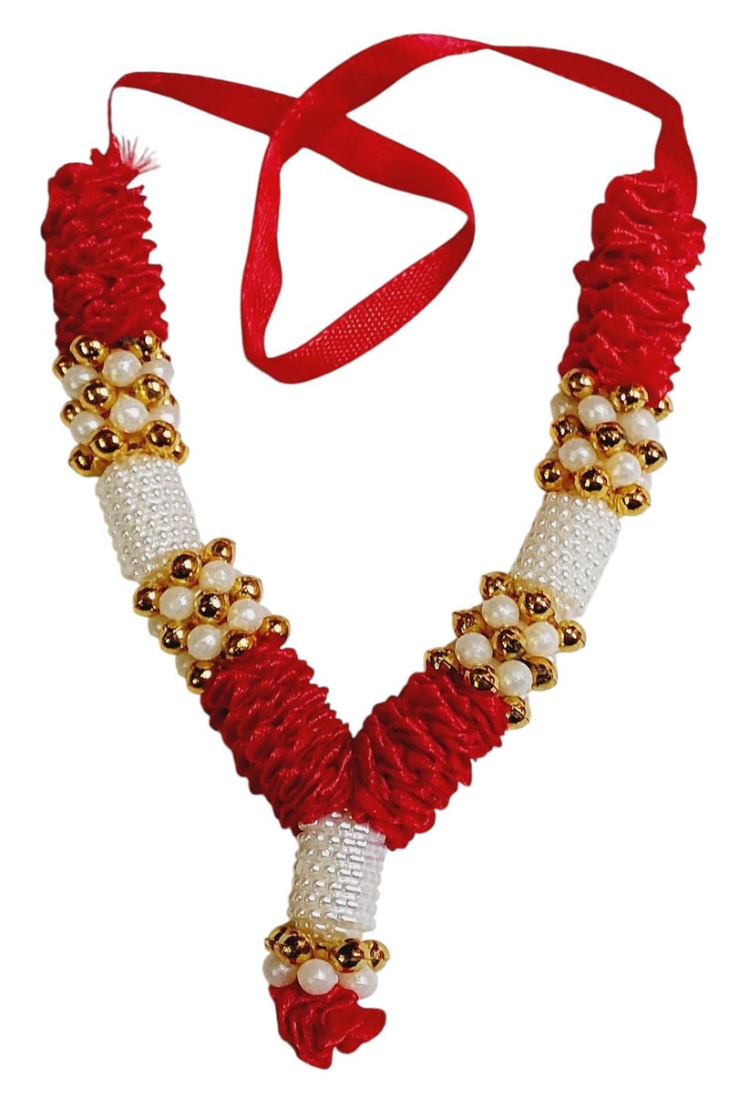 ARTISKRITI Small Ribbon Mala for God Idols and Statues, Pooja Haar for Idols Murti Mala for Car Dashboard Figurine, 12 cm, Set of 4, Red White - Image 4