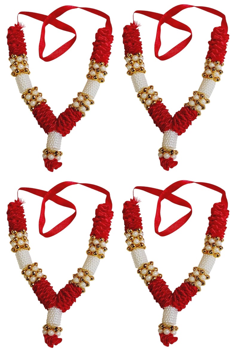 ARTISKRITI Small Ribbon Mala for God Idols and Statues, Pooja Haar for Idols Murti Mala for Car Dashboard Figurine, 12 cm, Set of 4, Red White - Image 1