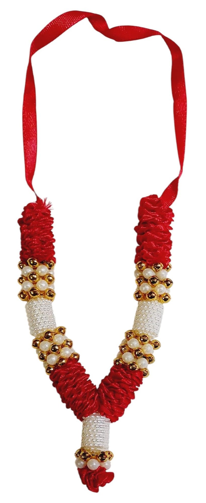 ARTISKRITI Small Ribbon Mala for God Idols and Statues, Pooja Haar for Idols Murti Mala for Car Dashboard Figurine, 12 cm, Set of 4, Red White - Image 3