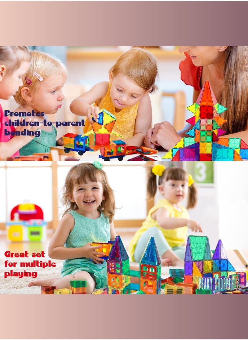 PEAKY KIDS - 107 pcs magnetic tiles for kids,  stem approved educational magnetic blocks, 3d montessori toys for boys girls, constructing structures shapes building sets for brain activity & creativity - Image 1