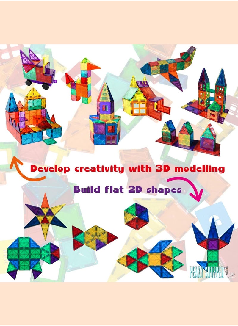 PEAKY KIDS - 107 pcs magnetic tiles for kids,  stem approved educational magnetic blocks, 3d montessori toys for boys girls, constructing structures shapes building sets for brain activity & creativity - Image 1