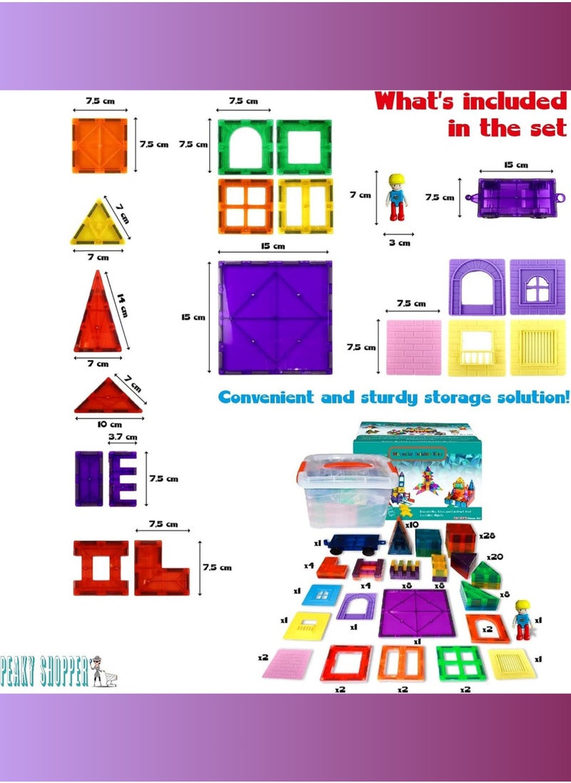 PEAKY KIDS - 107 pcs magnetic tiles for kids,  stem approved educational magnetic blocks, 3d montessori toys for boys girls, constructing structures shapes building sets for brain activity & creativity - Image 1