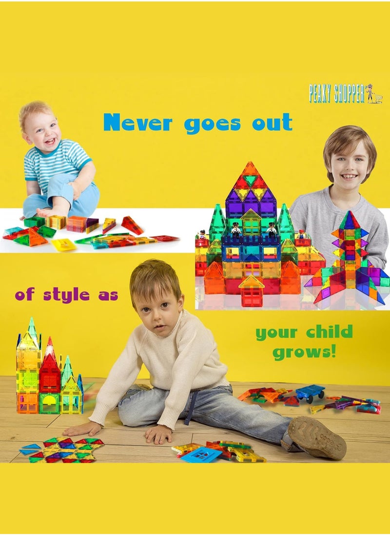 PEAKY KIDS - 107 pcs magnetic tiles for kids,  stem approved educational magnetic blocks, 3d montessori toys for boys girls, constructing structures shapes building sets for brain activity & creativity - Image 1