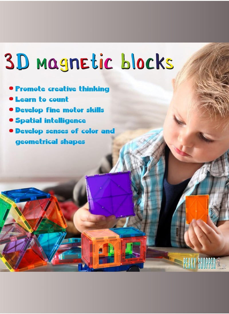 PEAKY KIDS - 107 pcs magnetic tiles for kids,  stem approved educational magnetic blocks, 3d montessori toys for boys girls, constructing structures shapes building sets for brain activity & creativity - Image 1