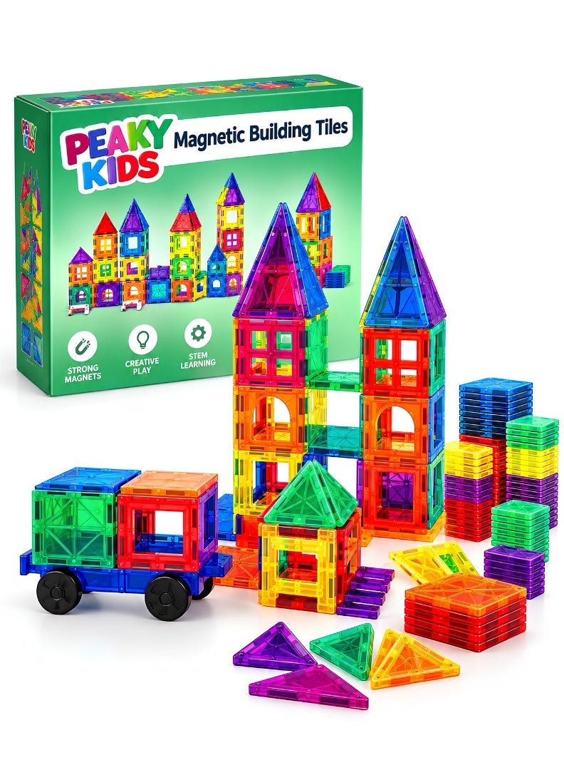 PEAKY KIDS 107 pcs magnetic tiles for kids,  stem approved educational magnetic blocks, 3d montessori toys for boys girls, constructing structures shapes building sets for brain activity & creativity - Image 1