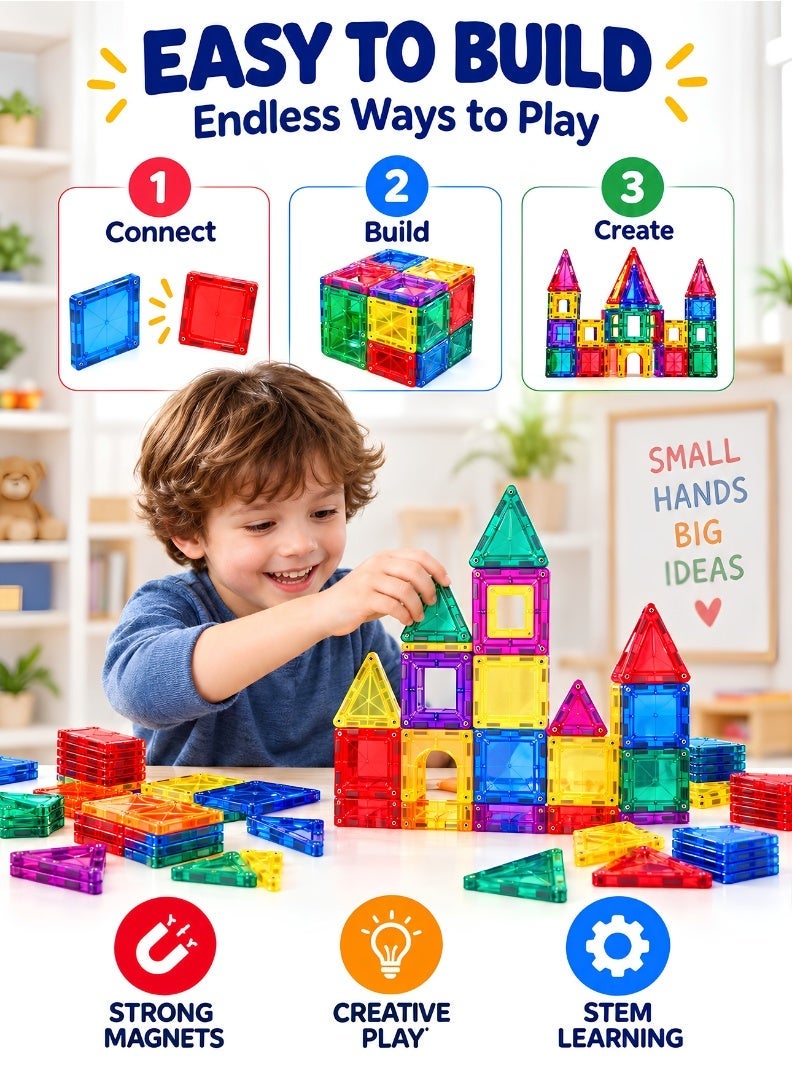 PEAKY KIDS 107 pcs magnetic tiles for kids,  stem approved educational magnetic blocks, 3d montessori toys for boys girls, constructing structures shapes building sets for brain activity & creativity - Image 3