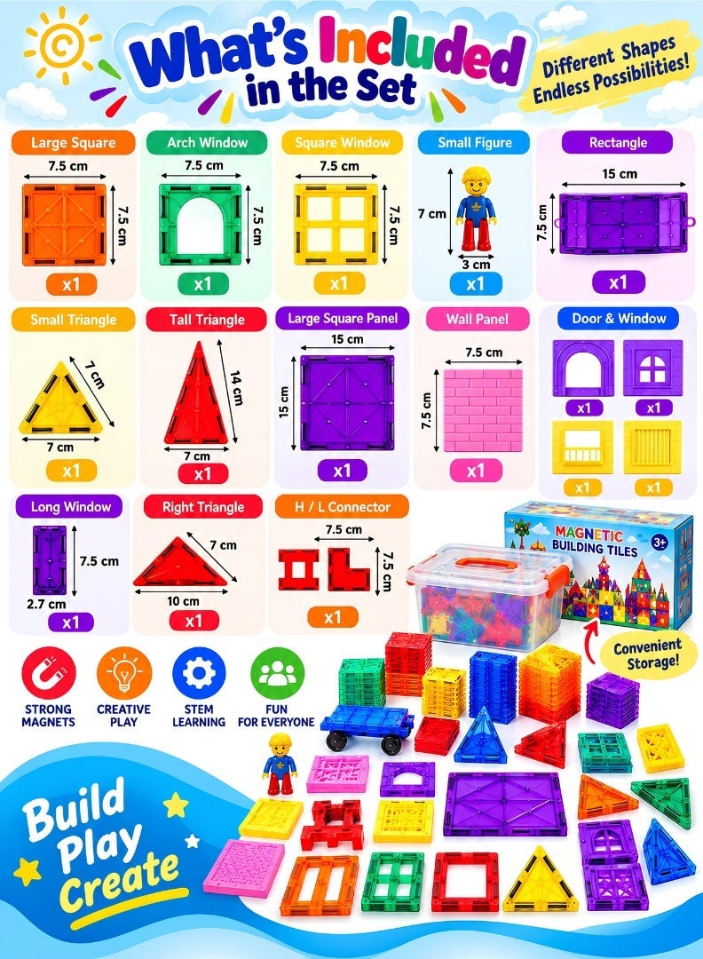 PEAKY KIDS 107 pcs magnetic tiles for kids,  stem approved educational magnetic blocks, 3d montessori toys for boys girls, constructing structures shapes building sets for brain activity & creativity - Image 2