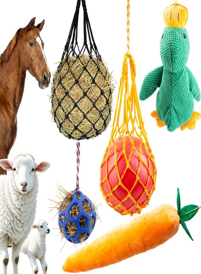 OOXYG Horse Toys for Horses 5 PCS Set, Goats Enrichment Toys, Including Hay Net, Hay Ball, Toy Ball, Squeaky Duck, Plush Carrot Toy with Hanging Ropes for Goat,Sheep to Play with, Relieve Stress - Image 1