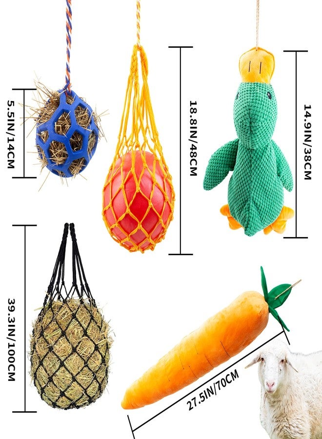 OOXYG Horse Toys for Horses 5 PCS Set, Goats Enrichment Toys, Including Hay Net, Hay Ball, Toy Ball, Squeaky Duck, Plush Carrot Toy with Hanging Ropes for Goat,Sheep to Play with, Relieve Stress - Image 5