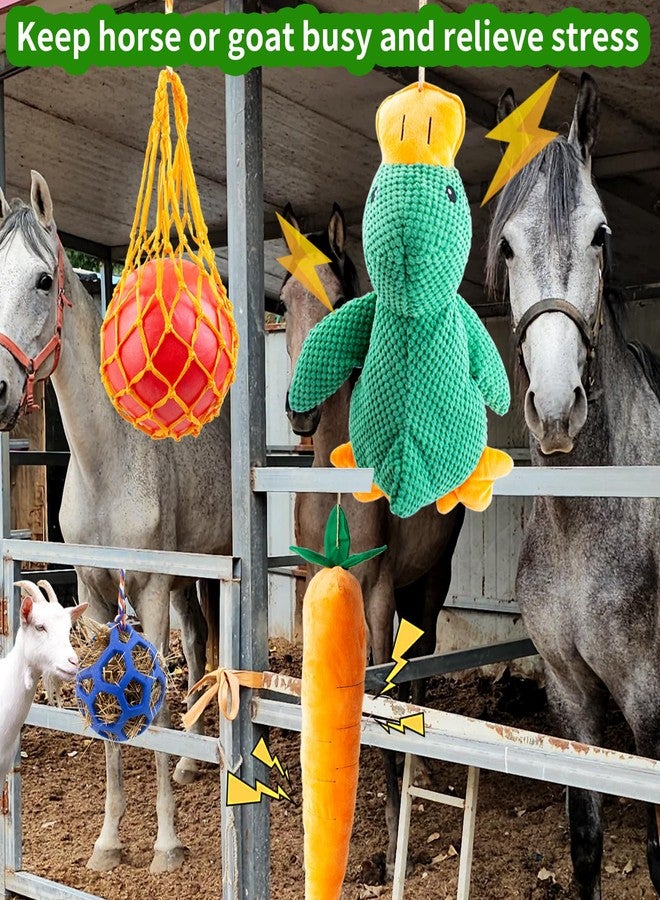 OOXYG Horse Toys for Horses 5 PCS Set, Goats Enrichment Toys, Including Hay Net, Hay Ball, Toy Ball, Squeaky Duck, Plush Carrot Toy with Hanging Ropes for Goat,Sheep to Play with, Relieve Stress - Image 3