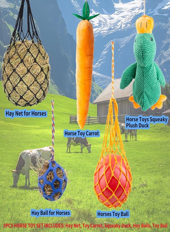 OOXYG Horse Toys for Horses 5 PCS Set, Goats Enrichment Toys, Including Hay Net, Hay Ball, Toy Ball, Squeaky Duck, Plush Carrot Toy with Hanging Ropes for Goat,Sheep to Play with, Relieve Stress - Image 2