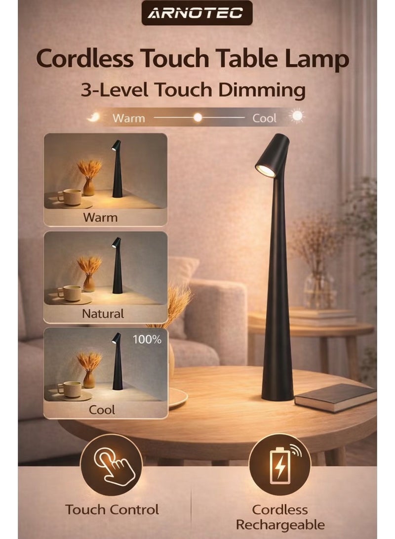ARNOTEC Cordless LED Table Lamp Touch Control Rechargeable Bedside Desk Lamp 3 Color Modes Black - Image 2