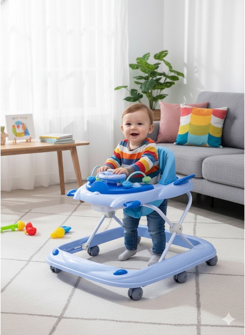 رالي مشّاية أطفال متعددة الوظائف بلون ازرق مع ألعاب موسيقية ترفيهية – تعليم المشي – مقعد مريح وقابل للتعديل بارتفاعات مختلفة، تصميم آمن بعجلات مرنة لتعلم المشي - Image 1
