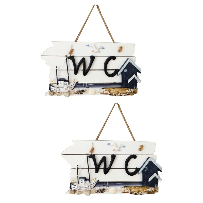 2pcs Mediterranean Hand Carved Wall Hanging WC Plaque Sign Board (Sailing Ship) - Image 1