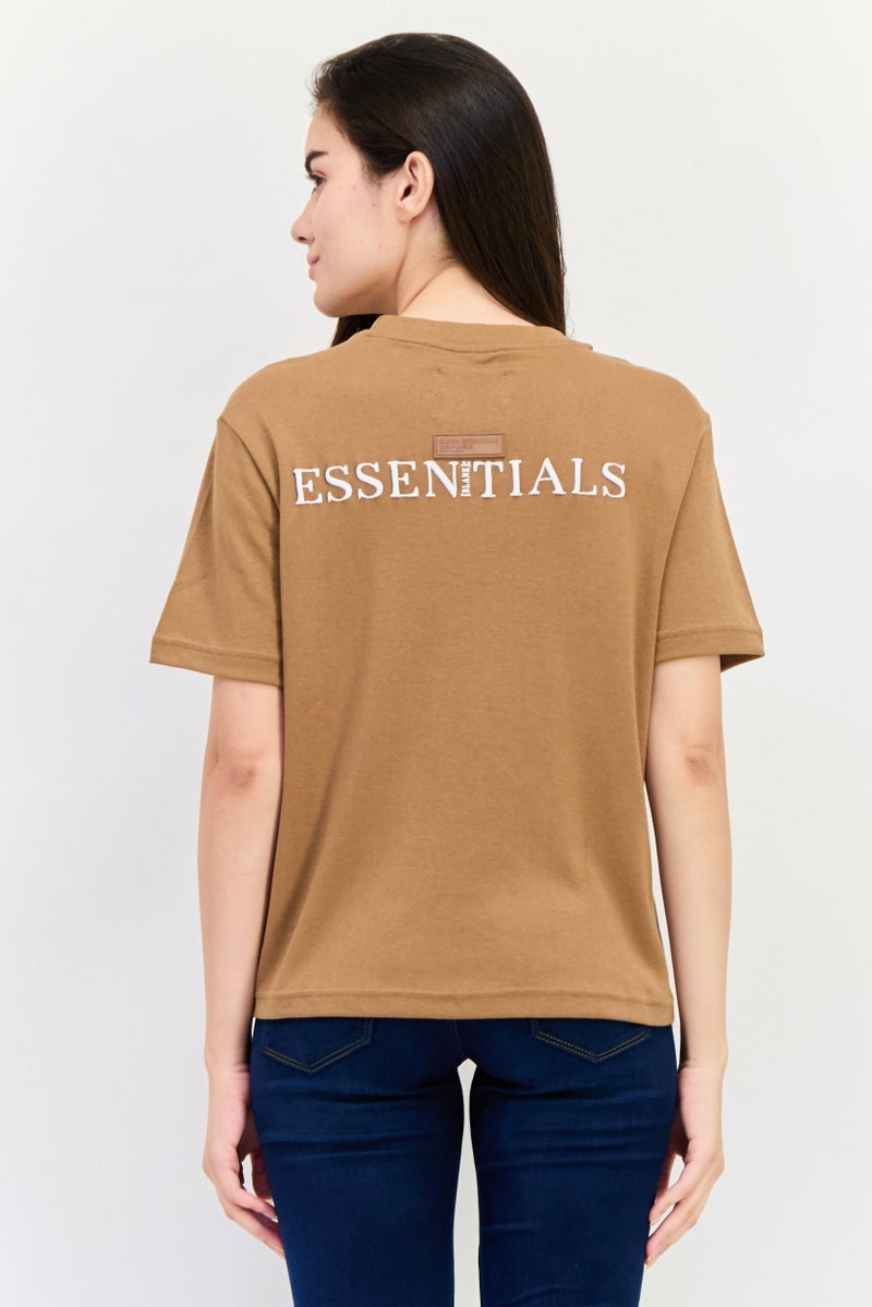 Blank Essentials Women Round Neck Short Sleeves Brand Logo T-Shirt, Brown - Image 3
