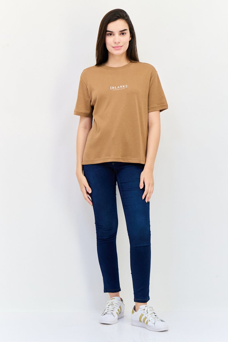 Blank Essentials Women Round Neck Short Sleeves Brand Logo T-Shirt, Brown - Image 4