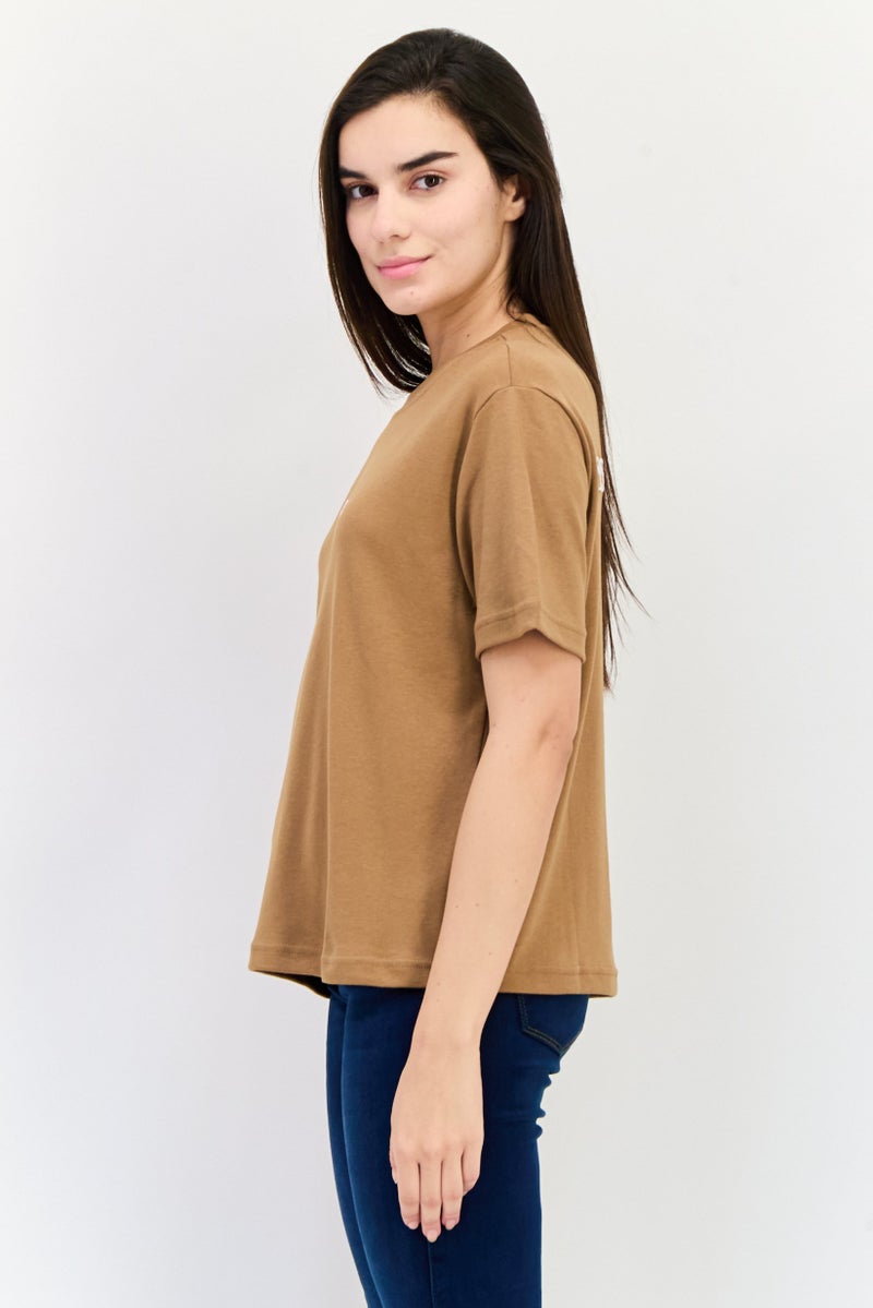 Blank Essentials Women Round Neck Short Sleeves Brand Logo T-Shirt, Brown - Image 4