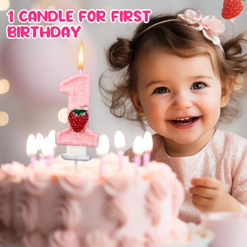 Conelist شمعة كونليست فراولة 1 لعيد الميلاد الأول شمعة رقم 1 وردية تزيين كعكة لامعة لعيد ميلاد فراولة 1، مستلزمات حفلات الذكرى، - Image 5