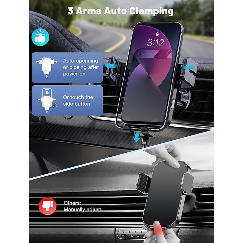 MOKPR Wireless Car Charger, Auto-Clamping Car Mount 15W/10W/7.5W Fast Charging Air Vent Car Phone Mount Compatible with iPhone 15/14/13/13 Pro/12 Pro Max/12 pro/12/11/10 Series, Samsung Galaxy Series - Image 3