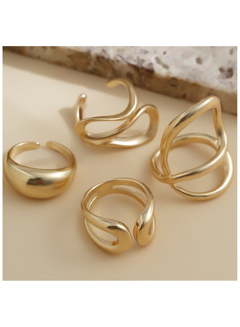 4PCS  Chic Liquid Lava Open Ring Set For Women - Vintage & Minimalist Style, Alloy, Perfect Gift For Friends, Fashionable Party Accessory  （Gold）  - Image 1