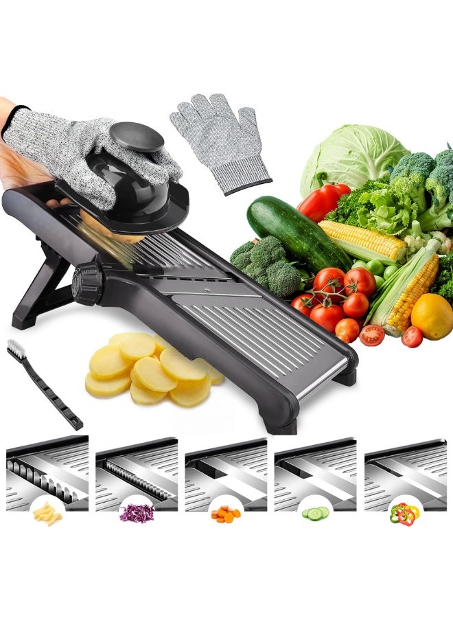 Bukela Mandoline Slicer, Adjustable Stainless Steel Food Slicer, for Kitchen Vegetable Slicer Onion Potato Fruit French Fry Cutter Potato Chip Julienne Slicer with Cut Resistant Gloves - Image 1