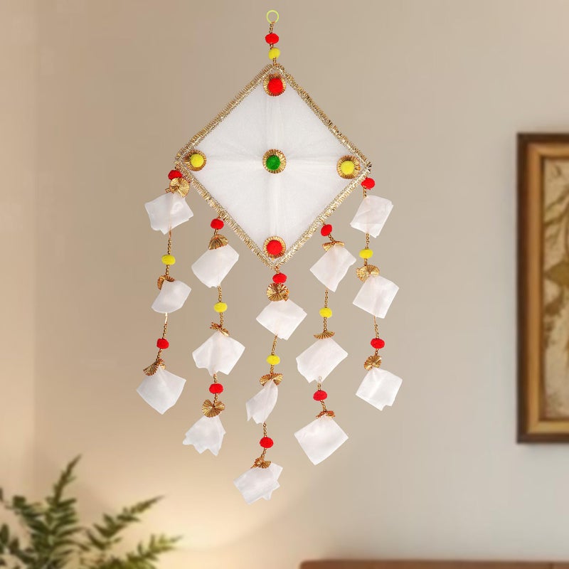 ProKart Premium Tissue Net Fabric Handmade Colorful Pom Pom Kite Hanging Decoration for Wall/Door Hanging Home Décor, Office, Door, Window, Haldi, Mehndi, Festival Decoration Items (White) - Image 1