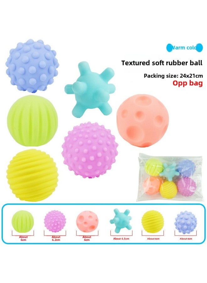 Infants Can Bite Soft Rubber Hand-held Ball Rattle Toys To Learn The Rainbow Plug Plug Plug Pull Pull Pull Baby Toys-Color:[warm Color Model] Textured Soft Rubber Ball-opp Bag (set Of 6) 120g - Image 1