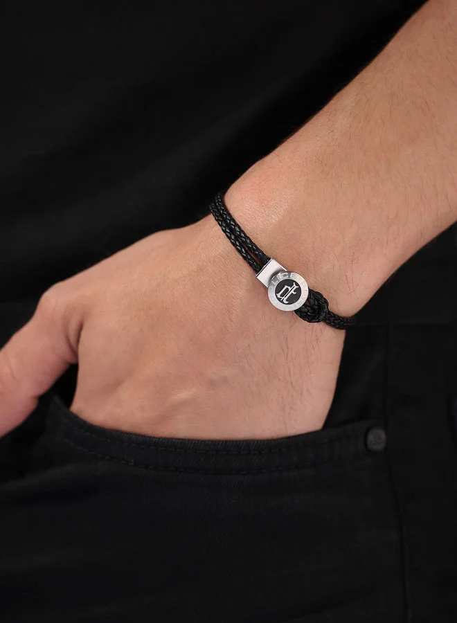 بوليس POLICE Infiniti Bracelet - Black Double Tour Leather with Antique Disc & Iconic P Emblem - Men's Bold Statement Style