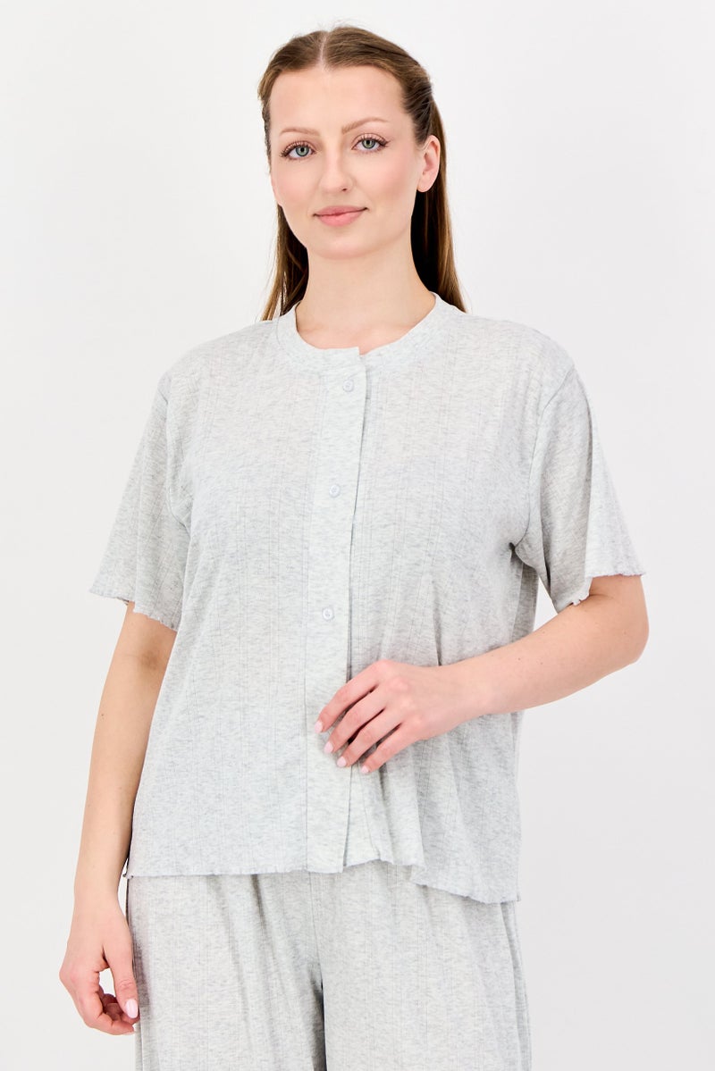 FOREVER 21 Women 2 Pieces Textured Top and Bottom Pajama Set, Grey - Image 4