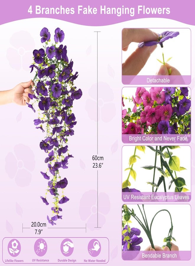 ZFProcess Fake Artificial Flowers for Outdoors, 4 Pcs Faux Hanging Pansy Flowers Spring Summer Decor, UV Resistant No Fade Fake Plants Silk Flower for Planter Front Door Porch Patio Yard Garden(Purple Rose Red) - Image 5