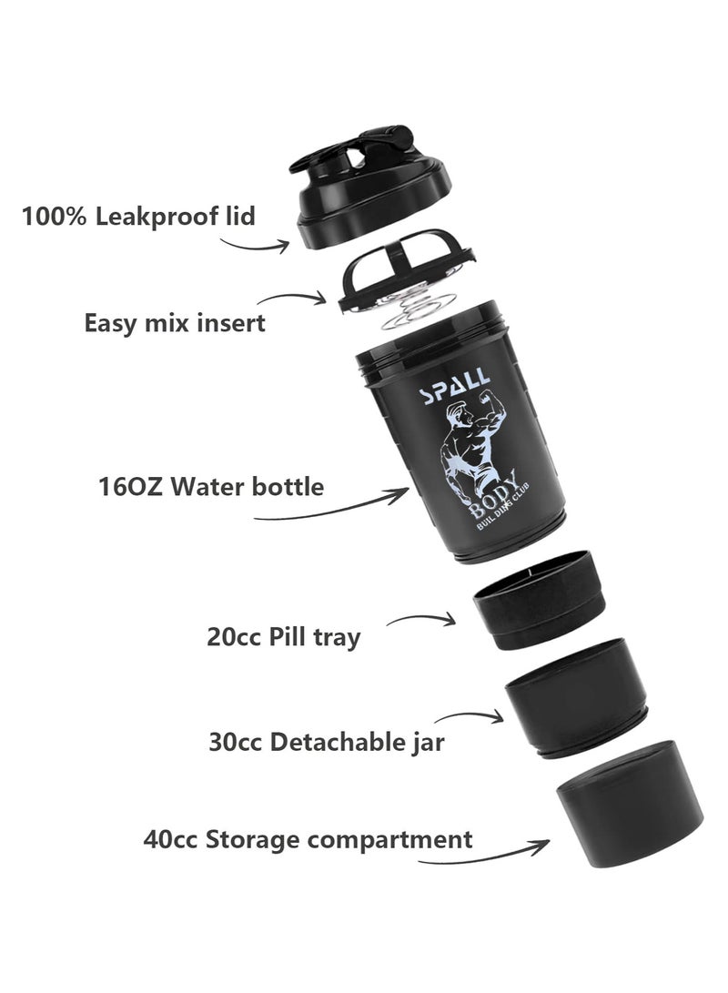 Spall Protein Shaker Bottle Cym Shaker Cup For Protein Shakes 16oz Shake Bottle With Shaker Ball And Storage Compartment Leak Proof BPA Free - Image 2