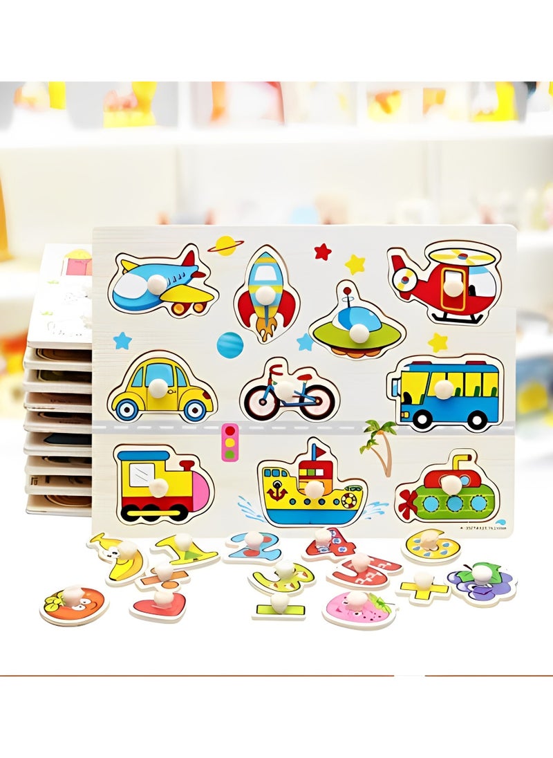 Wooden Toddler Puzzles, Eco Friendly Vehicles Patterns Jigsaw with Handles, Patterns with Thermal Transfer Printing, Practice Fine Motor Skills, 30 x 22.5 cm