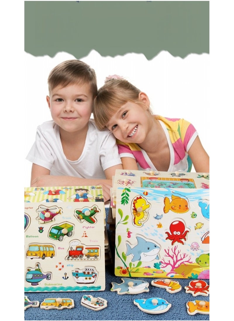 Wooden Toddler Puzzles, Eco Friendly Vehicles Patterns Jigsaw with Handles, Patterns with Thermal Transfer Printing, Practice Fine Motor Skills, 30 x 22.5 cm