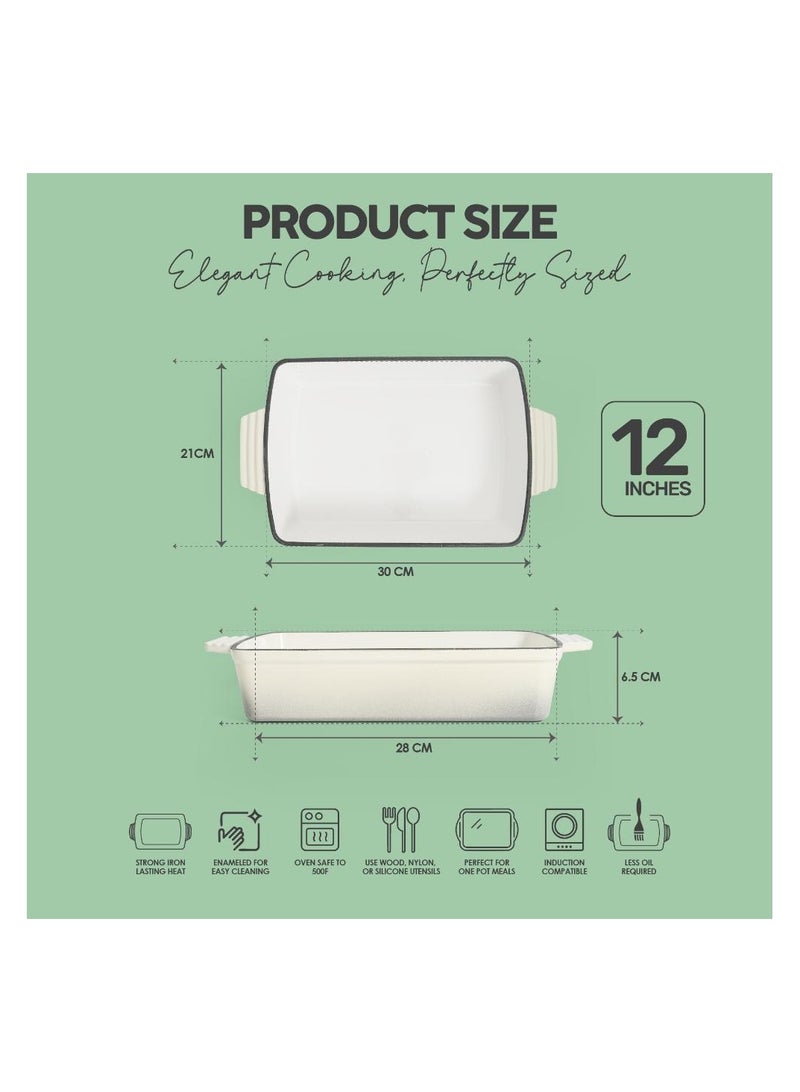 VAV طبق شوي مستطيل من الحديد الزهر المينا VAV GET صحي وآمن، (12 بوصة، كريمي) متوافق مع الفرن والتحريض، سهل التنظيف وغير لاصق - Image 2