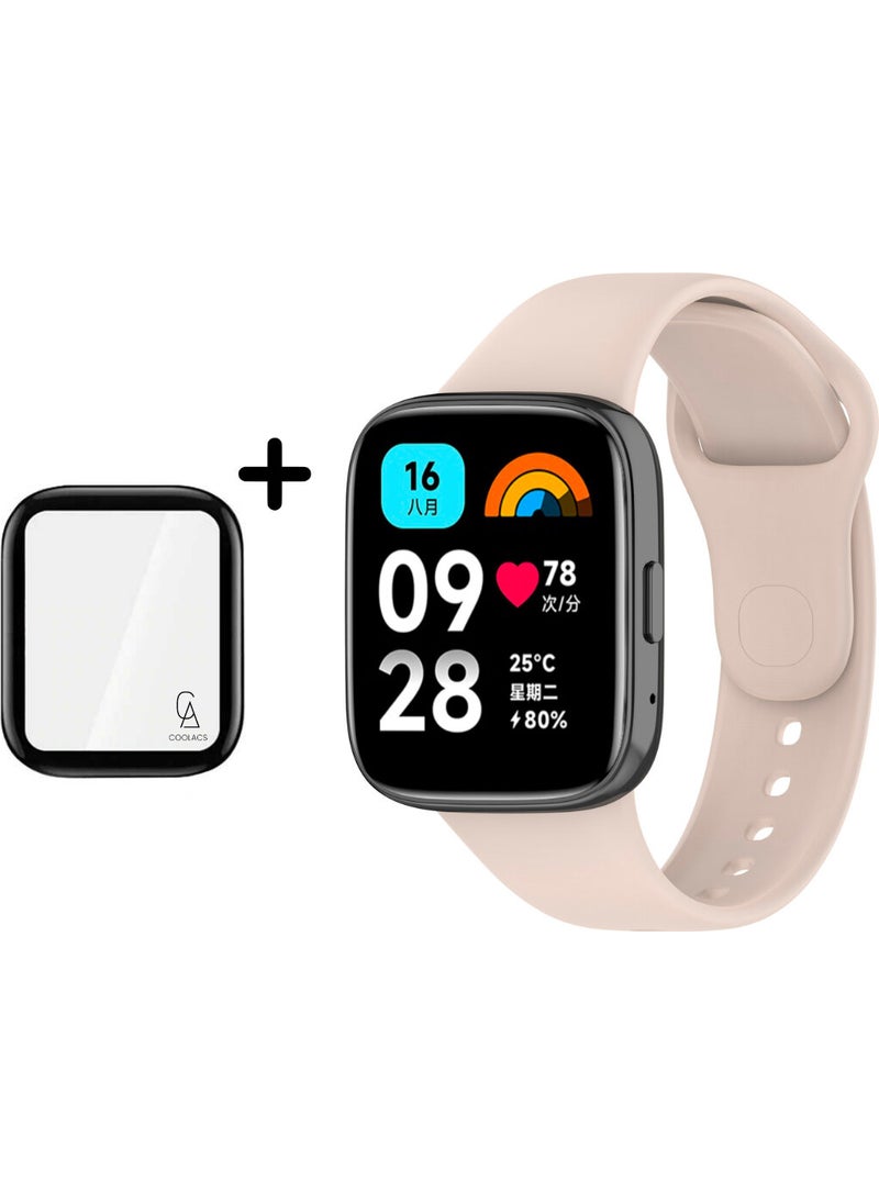 Coolacs Xiaomi Redmi Watch 3 Active Compatible Soft Silicone Band and Curved Screen Protector Set Cream  - Image 1