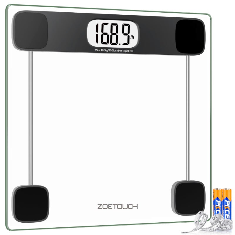 ZOETOUCH Scale for Body Weight Digital Bathroom Scale Accurate Weighing Machine for People High Precision Bath Scale Step On Tempered Glass LCD Display Batteries and Tape Measure Included 400lbs