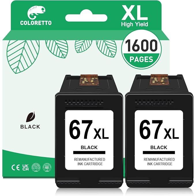 COLORETTO 67XL Ink for 67XL Black Ink Cartridge for Deskjet 2800e 2827e 2855e 2852e 2755e 2700 4200e 4255e 4155e 4100e Envy 6455e 6055e 6000 for Ink 67 Black 67 Ink Cartridges Replacement