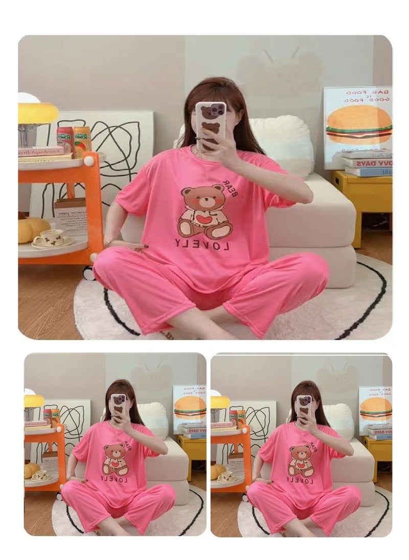 BAIG - Short Sleeve Trousers 2 Pieces set Women's Nightwear Pajama & Shirt Cute Female  Summer Anime Nylon Cartoon Wear Outside Tracksuit Set - Image 1