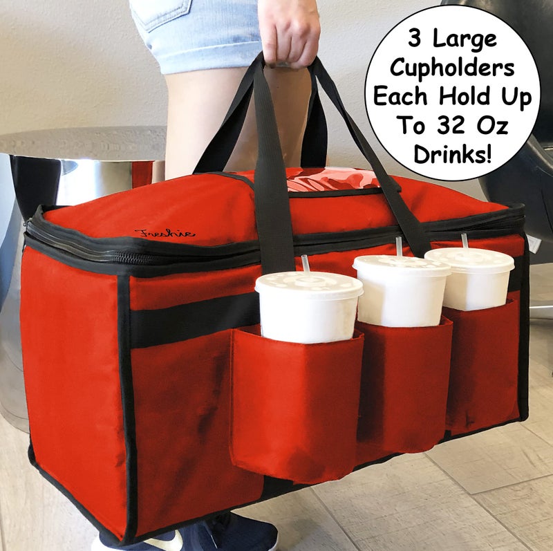 FRESHIE Insulated Food Delivery Bag with Cup Holders/Drink Carriers Premium, for Doordash, Uber Eats, Grubhub, Pizza Bag, Catering, Beverage, Commercial Quality (XL Pro, Red) - Image 3