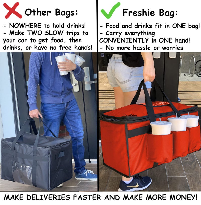 FRESHIE Insulated Food Delivery Bag with Cup Holders/Drink Carriers Premium, for Doordash, Uber Eats, Grubhub, Pizza Bag, Catering, Beverage, Commercial Quality (XL Pro, Red) - Image 2