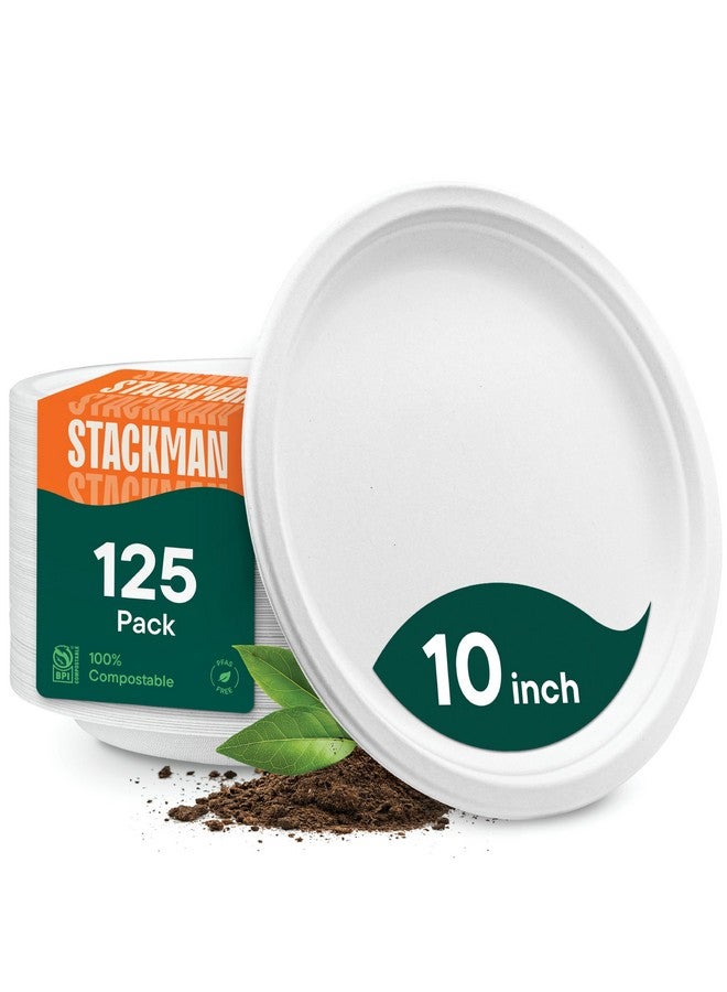Stack Man 100% Compostable Paper Plates 10 Inch Heavy-Duty [125-Pack] Eco-Friendly White Bagasse Disposable Dinner Plates From Natural Sugarcane - 10" Biodegradable Plate (BPI-Certified) (PFAS-Free) - Image 1