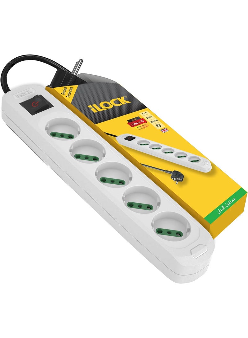 آي لوك مشترك كهربائي من اي لوك، 5 منافذ بمفتاح، جهد 3500 وات، (لون أبيض، 1.5 متر) - Image 1