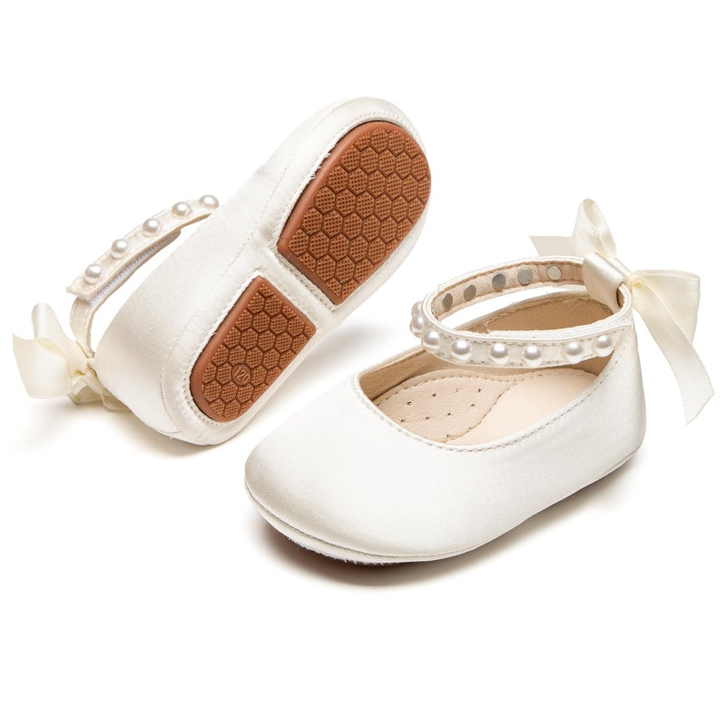 PHIRAMIN Baby Girls Satin Ivory White Mary Jane Flats - Infant 6-9 Months Walking Shoes Soft Rubber Sole Princess Wedding - Image 1