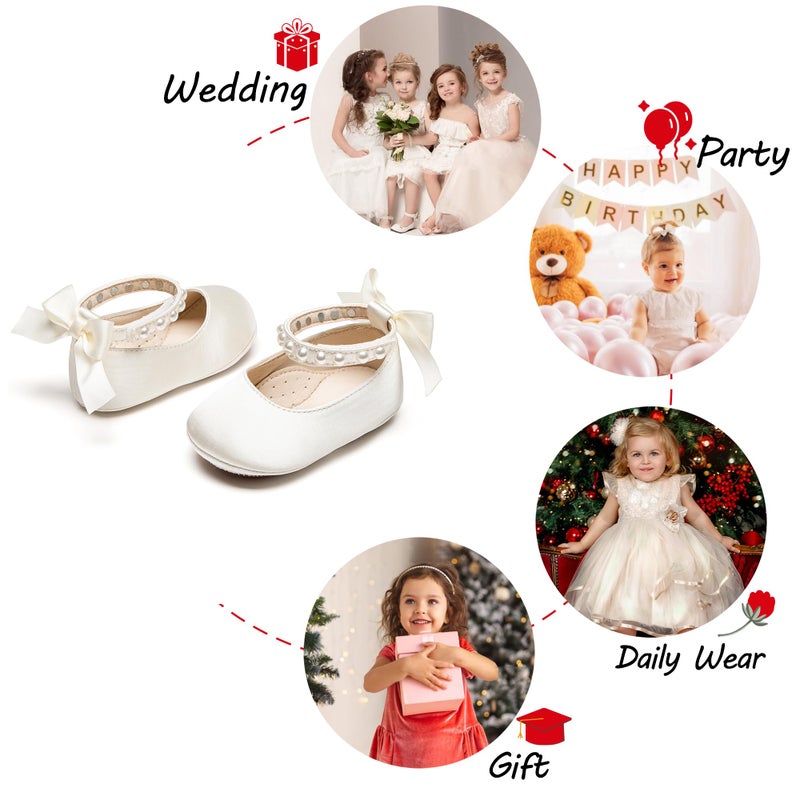 PHIRAMIN Baby Girls Satin Ivory White Mary Jane Flats - Infant 6-9 Months Walking Shoes Soft Rubber Sole Princess Wedding - Image 4