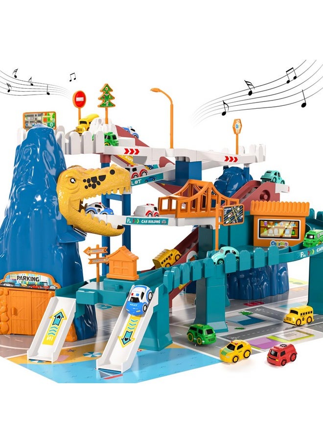 TEMI Boys Dinosaur Race Track Playset, Kids Car Garage Parking Adventure Toy With 10 Mini Cars, Educational Toy Ramp Playset For 3 4 5 7 8 Year Old Toddler Boys Preschool Girls  - Image 1