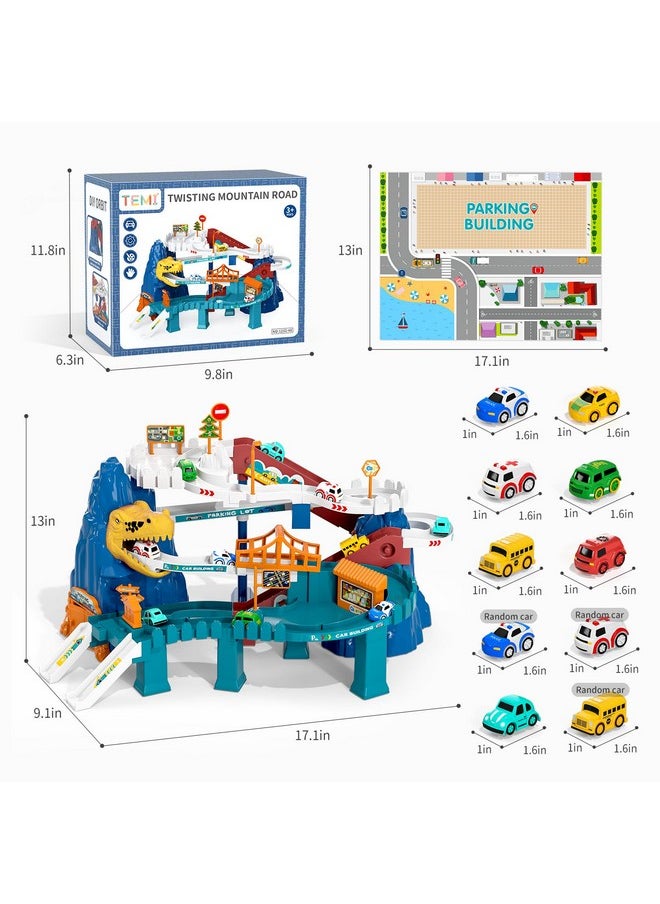 TEMI Boys Dinosaur Race Track Playset, Kids Car Garage Parking Adventure Toy With 10 Mini Cars, Educational Toy Ramp Playset For 3 4 5 7 8 Year Old Toddler Boys Preschool Girls  - Image 2