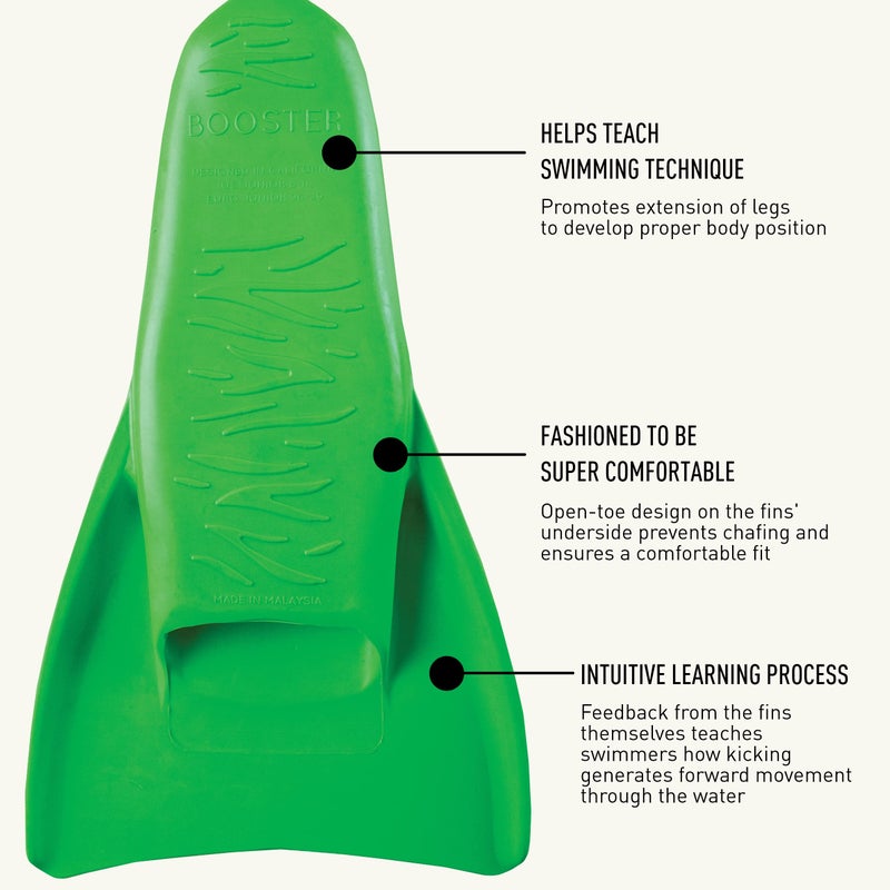 FINIS Booster Swim Fins for Kids - Floating Rubber Fins - Teaches Kick Technique - Open-Toe Design - Comfortable Fit - Green, 3XS - Image 4