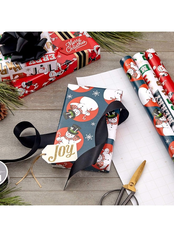 Hallmark Vintage Christmas Wrapping Paper Cut Lines On Reverse (3 Rolls: 120 Sq. Ft. Ttl) Dancing Santas, Classic Snowman, "Merry, Jolly, Happy, Peace" - Image 2